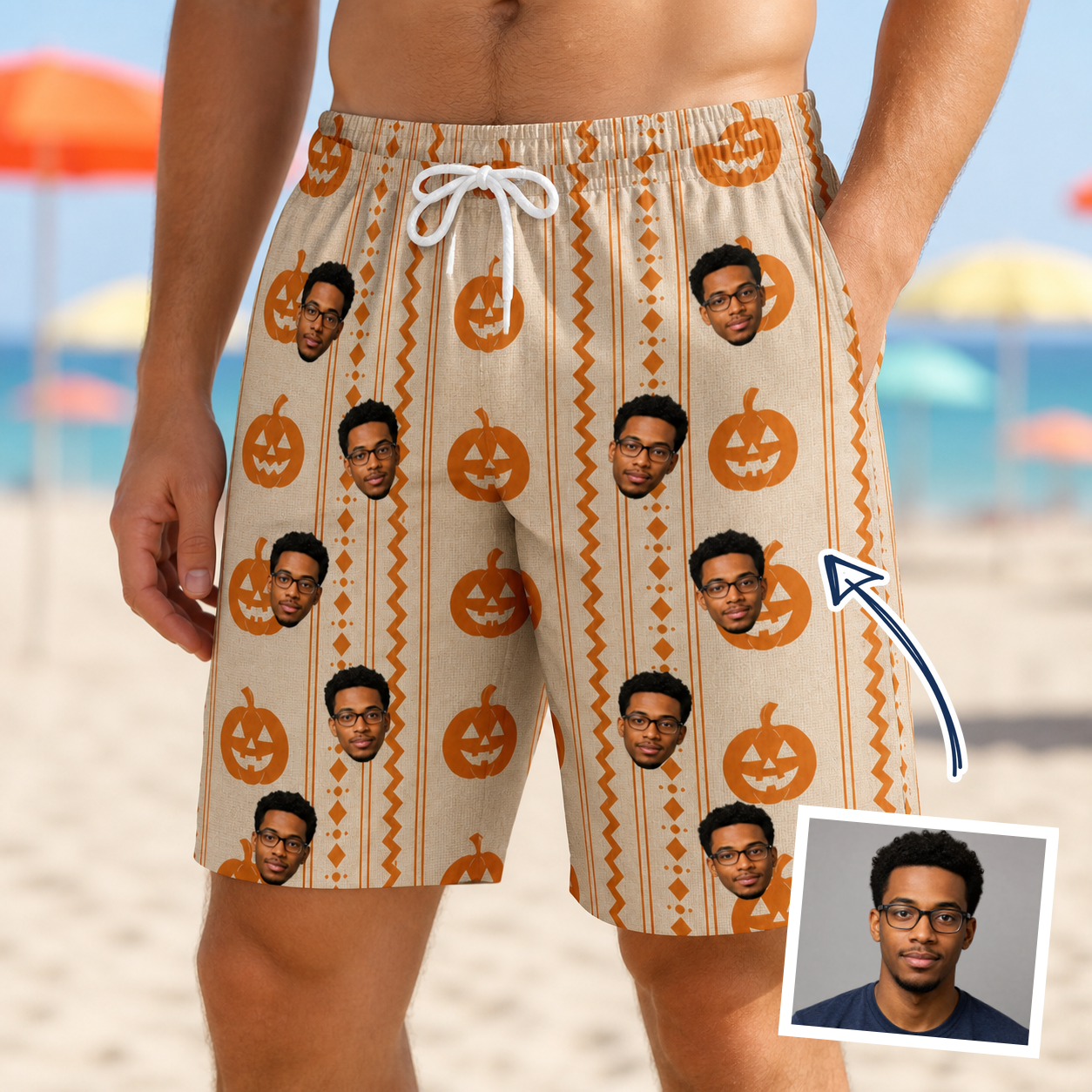 Man wearing Men's Spooky Squash Custom Face Beach Shorts — custom faces printed all-over