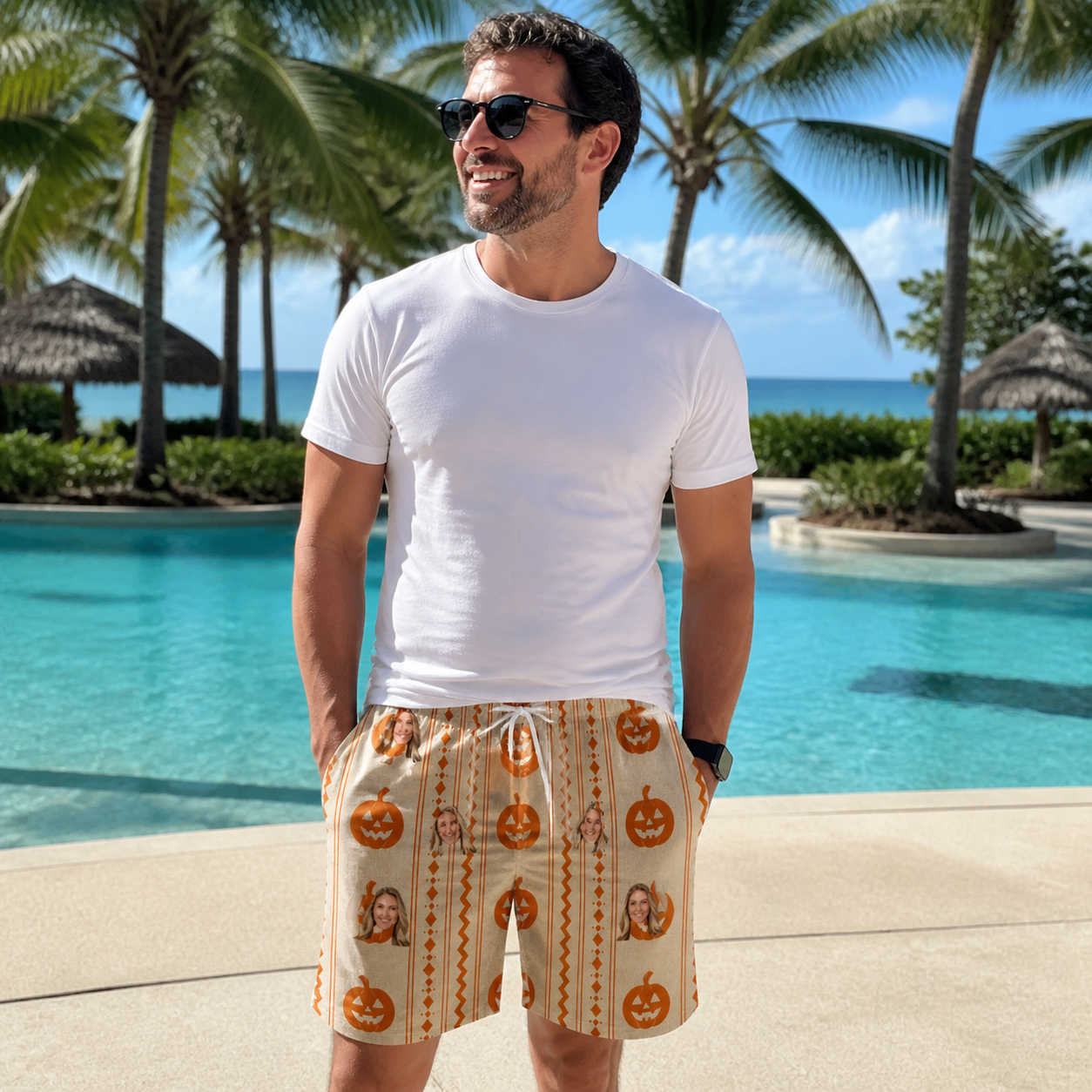 Real-life photo of someone wearing Men's Spooky Squash Custom Face Beach Shorts — custom faces printed all-over