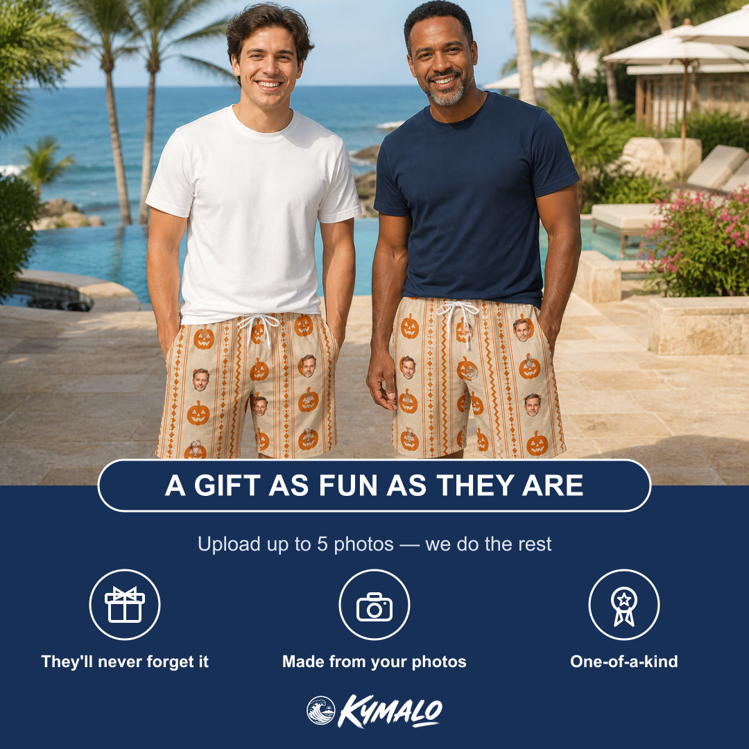 Friends in matching Men's Spooky Squash Custom Face Beach Shorts — a group gift photo