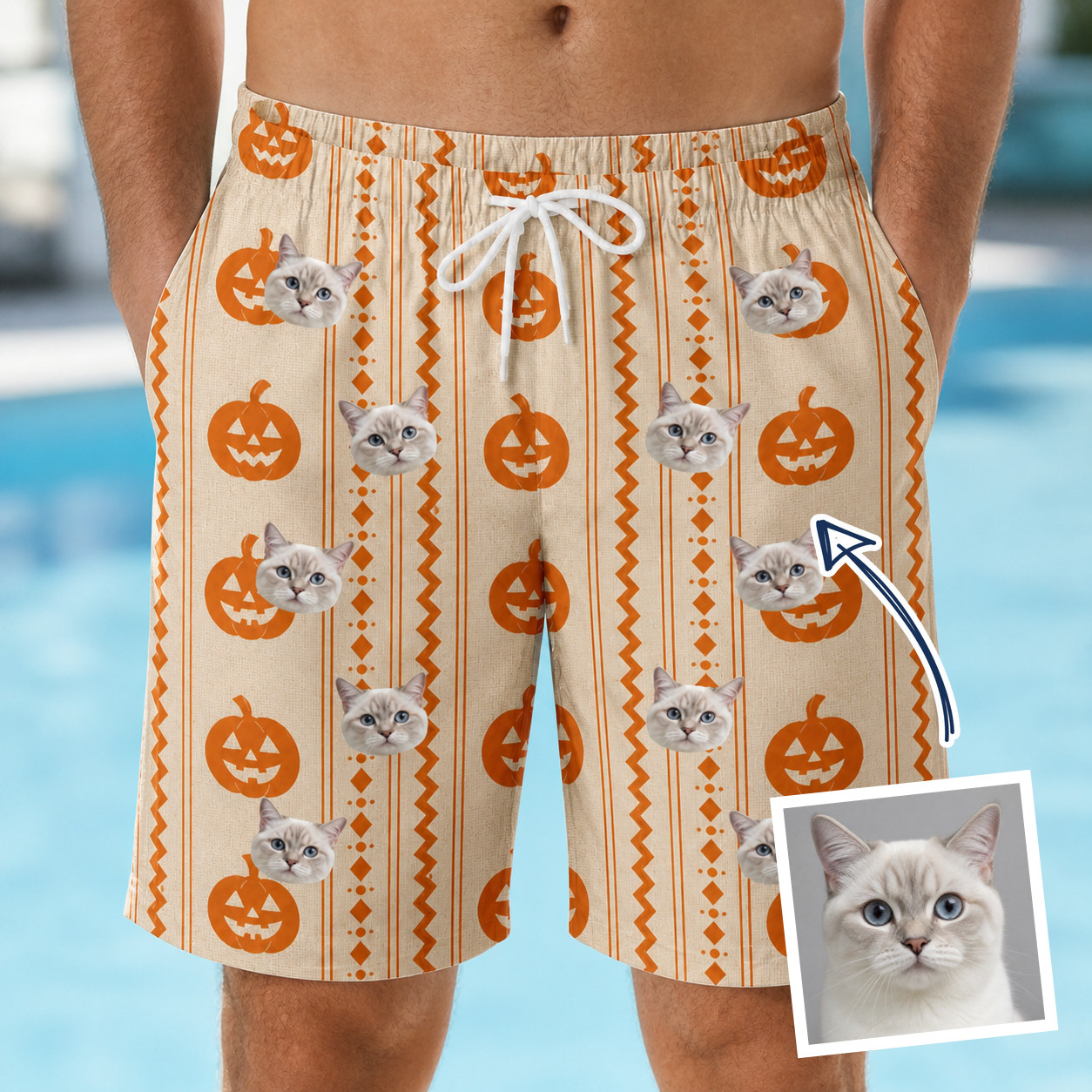 Man wearing Men's Spooky Squash Custom Cat Face Beach Shorts — custom faces printed all-over
