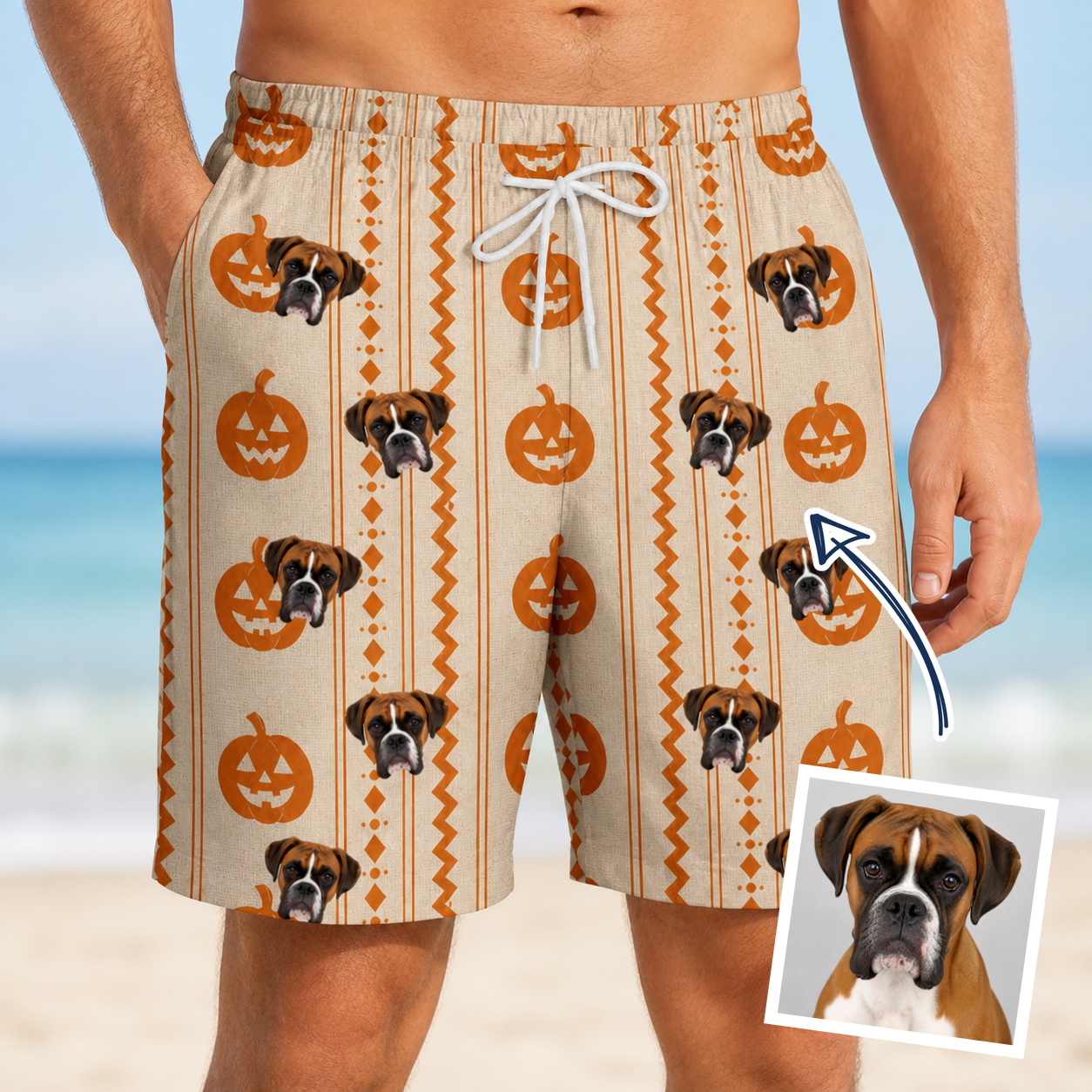 Man wearing Men's Spooky Squash Custom Dog Face Beach Shorts — custom faces printed all-over