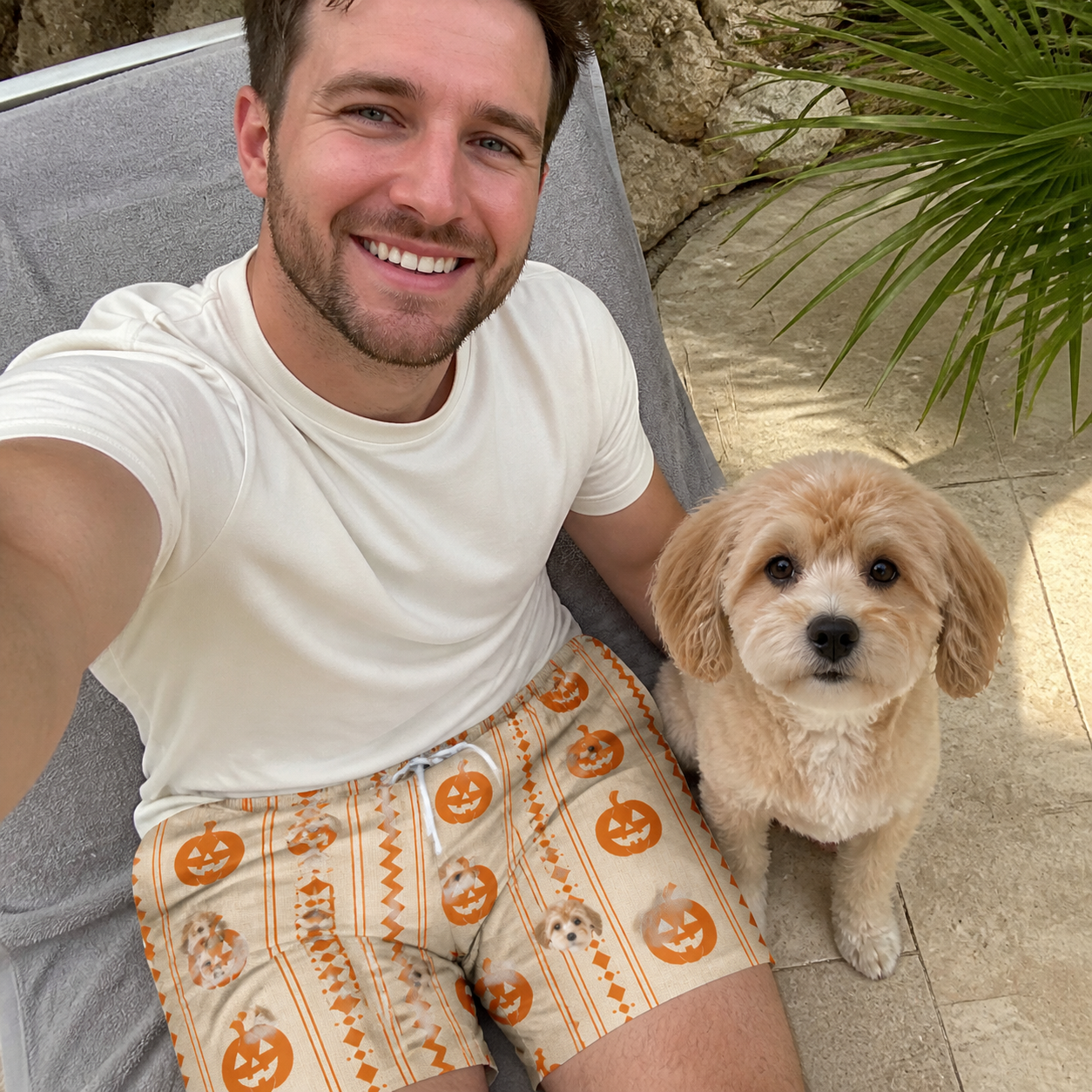 Selfie with the pet whose face is printed all over this Men's Spooky Squash Custom Dog Face Beach Shorts