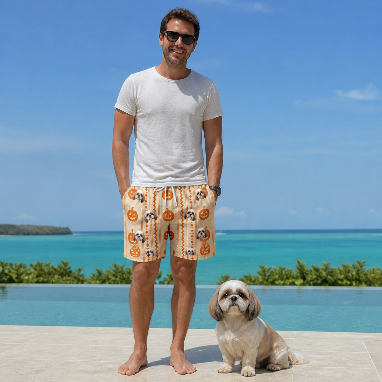 Full-length photo with the pet printed all over this Men's Spooky Squash Custom Dog Face Beach Shorts