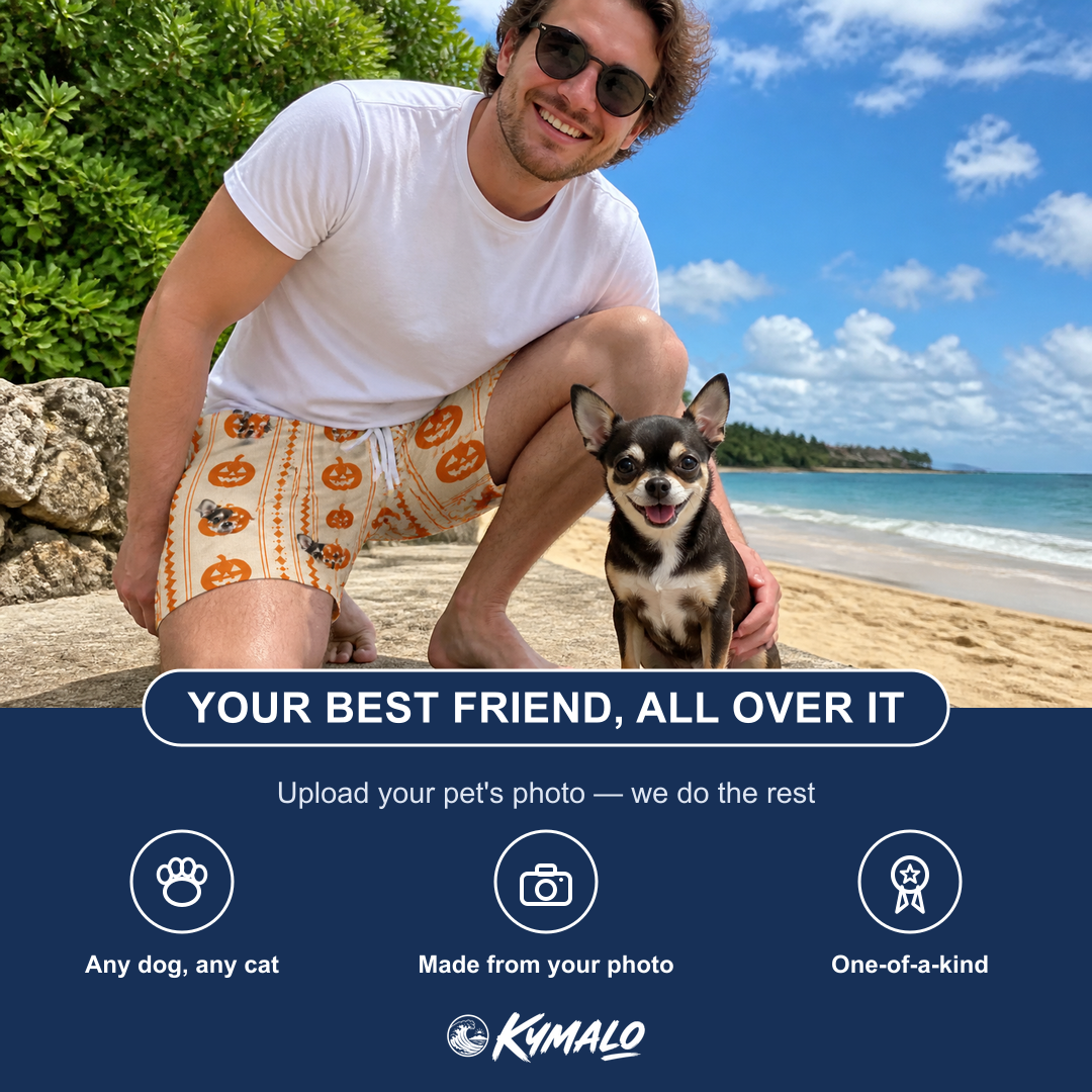Friends in matching Men's Spooky Squash Custom Dog Face Beach Shorts — a group gift photo