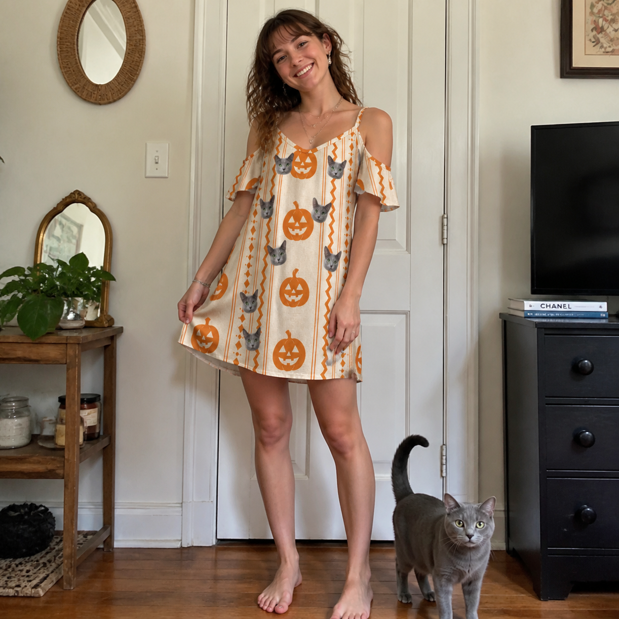 Full-length photo with the pet printed all over this Women's Spooky Squash Custom Cat Face Off-Shoulder Dress