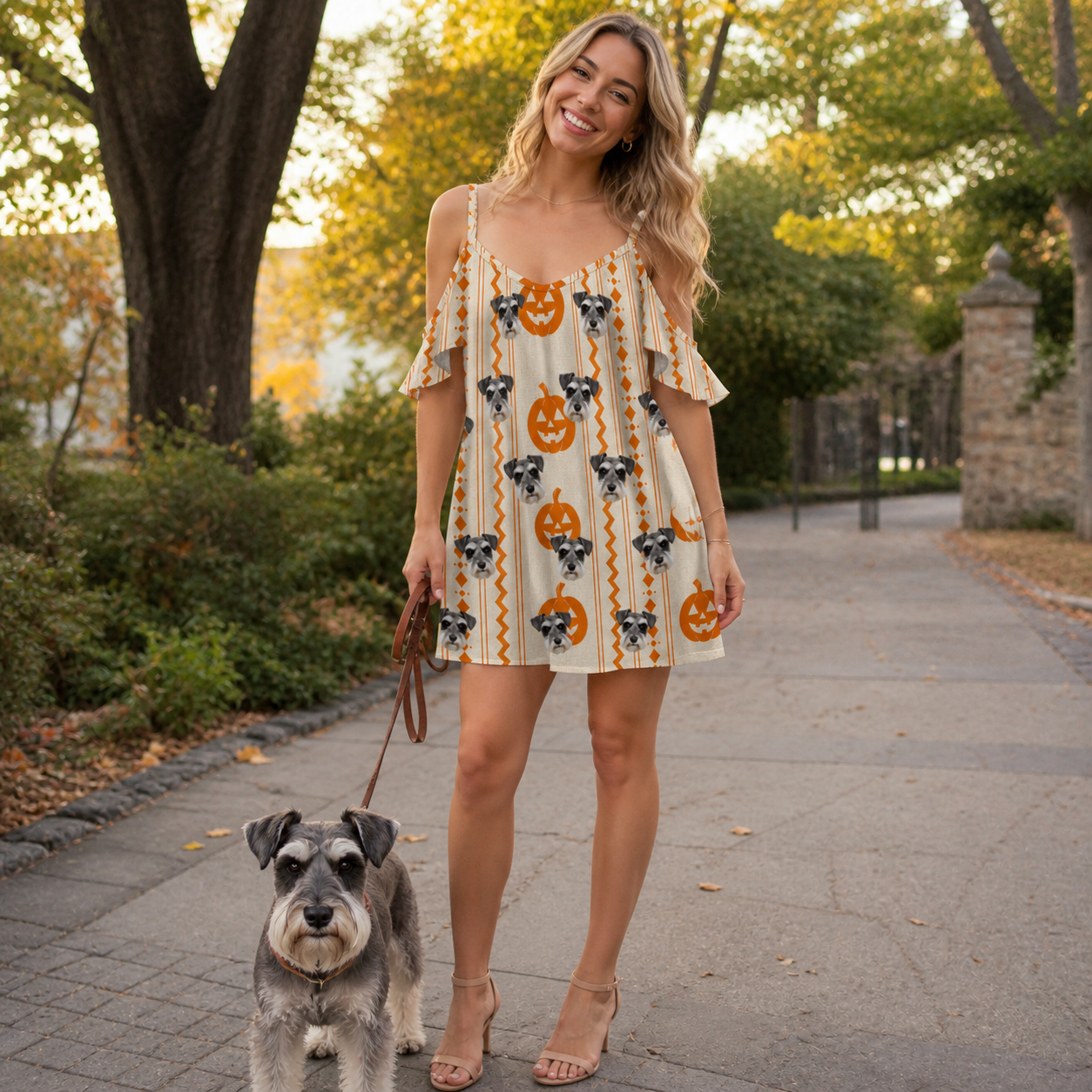 Full-length photo with the pet printed all over this Women's Spooky Squash Custom Dog Face Off-Shoulder Dress