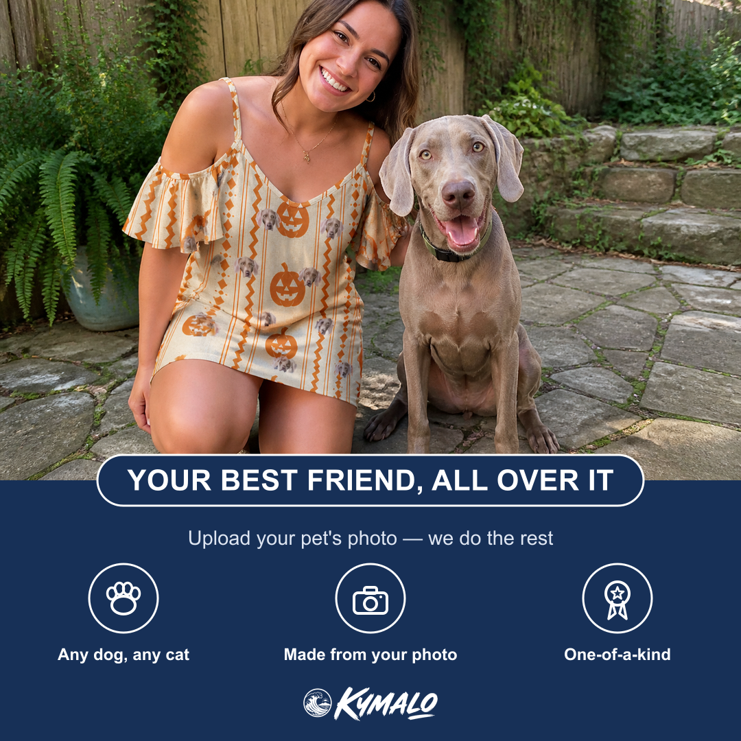 Friends in matching Women's Spooky Squash Custom Dog Face Off-Shoulder Dress — a group gift photo