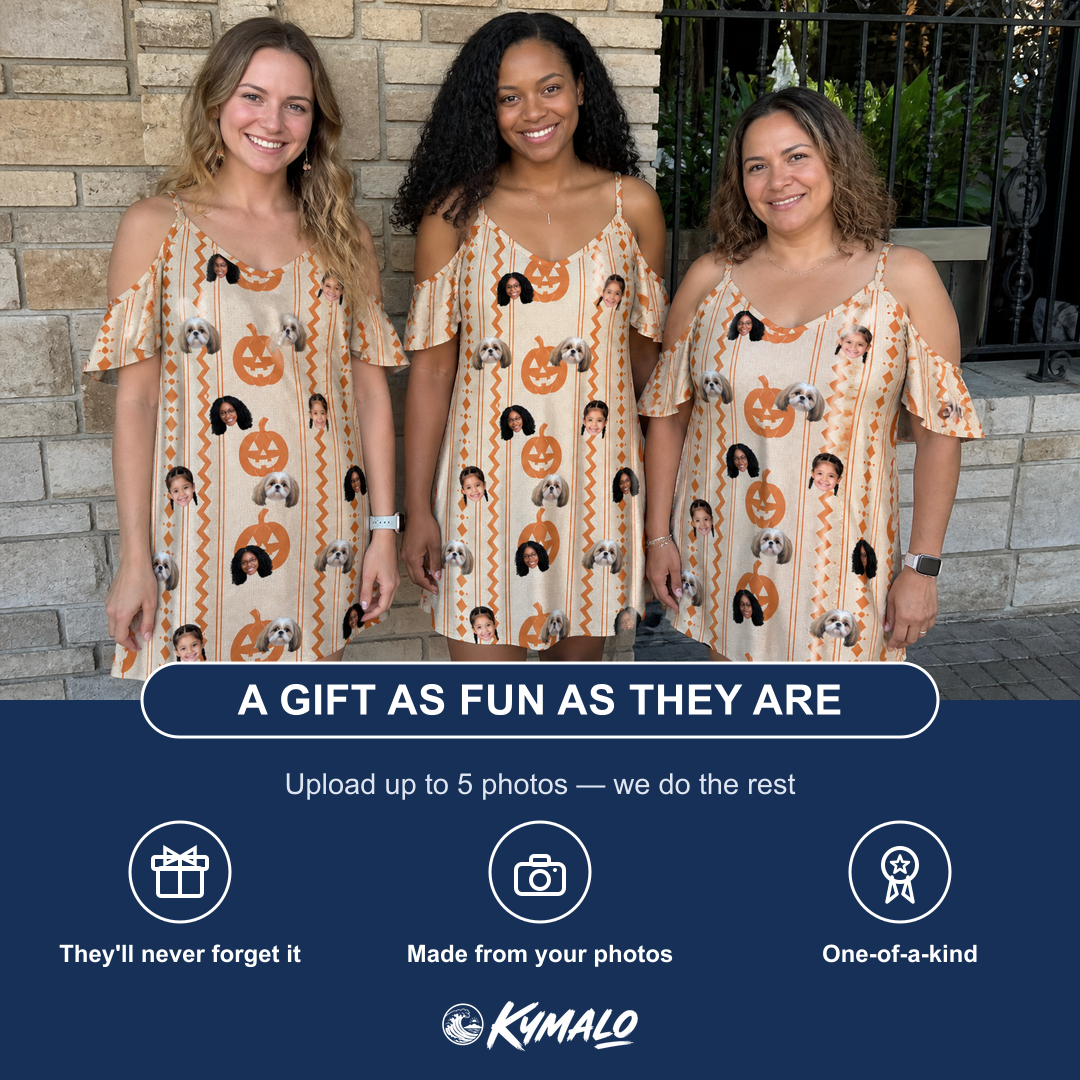 Friends in matching Women's Spooky Squash Custom Face Off-Shoulder Dress — a group gift photo