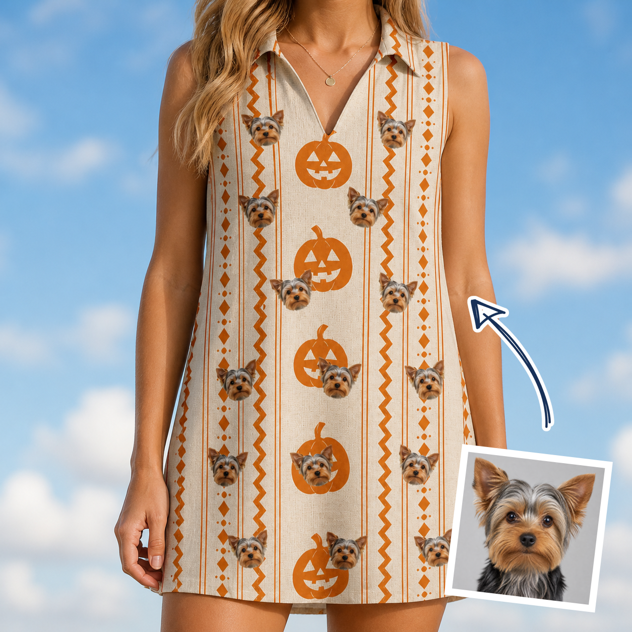 Woman wearing Women's Spooky Squash Custom Dog Face V-Neck Dress — custom faces printed all-over
