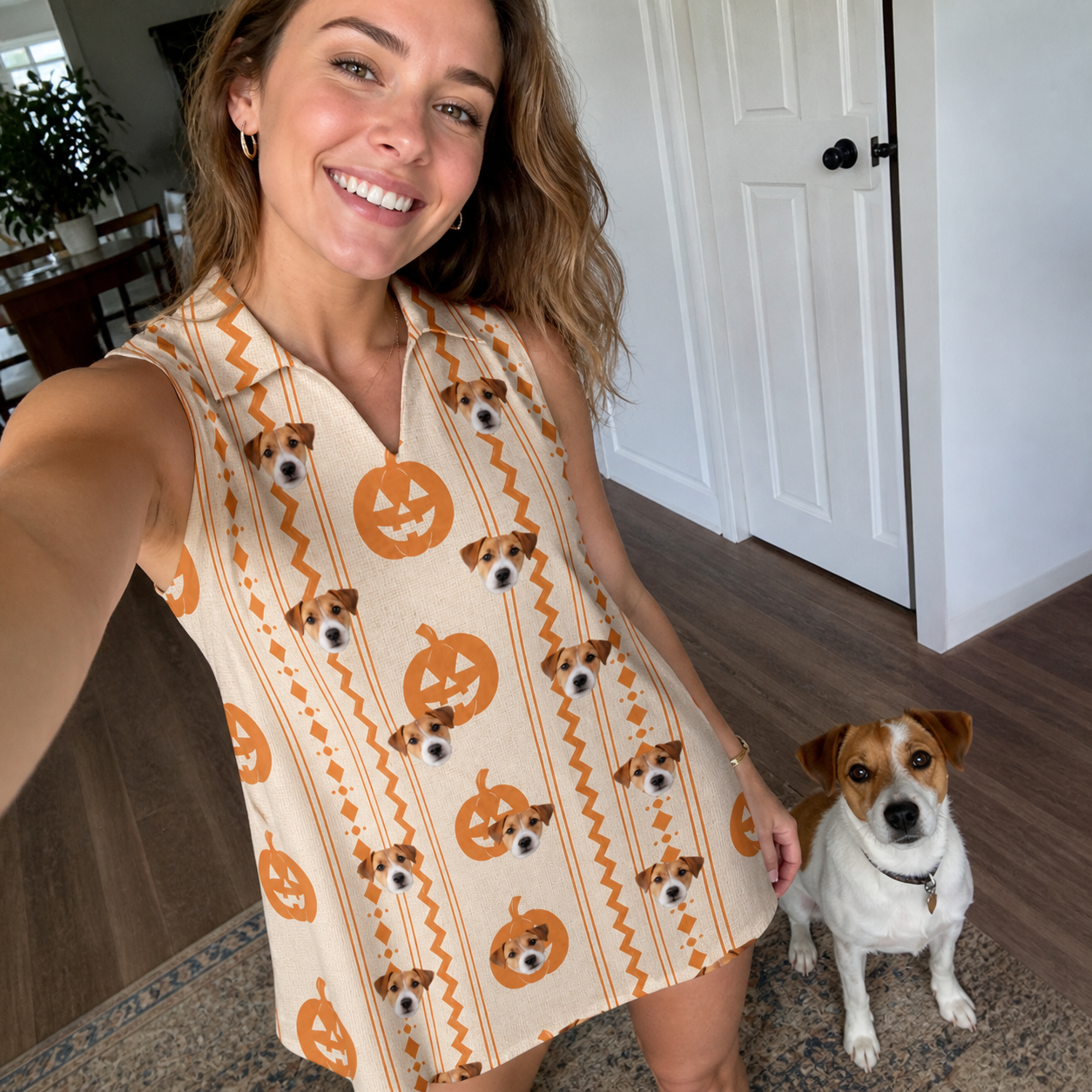 Selfie with the pet whose face is printed all over this Women's Spooky Squash Custom Dog Face V-Neck Dress