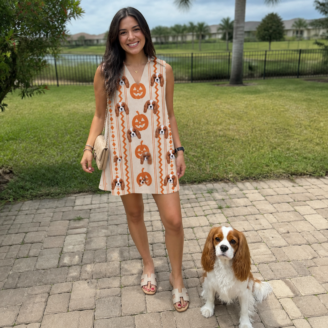 Full-length photo with the pet printed all over this Women's Spooky Squash Custom Dog Face V-Neck Dress