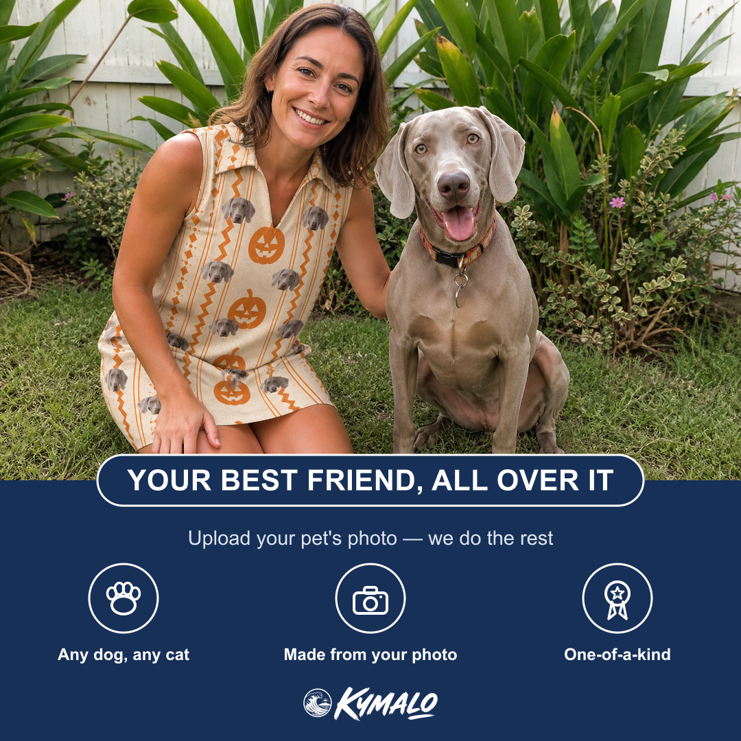 Friends in matching Women's Spooky Squash Custom Dog Face V-Neck Dress — a group gift photo