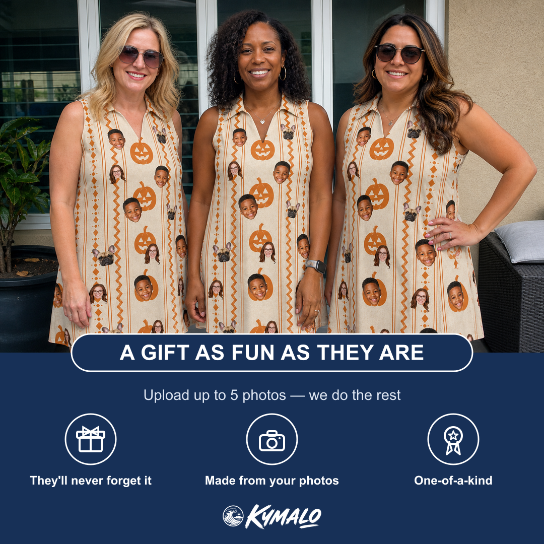 Friends in matching Women's Spooky Squash Custom Face V-Neck Dress — a group gift photo