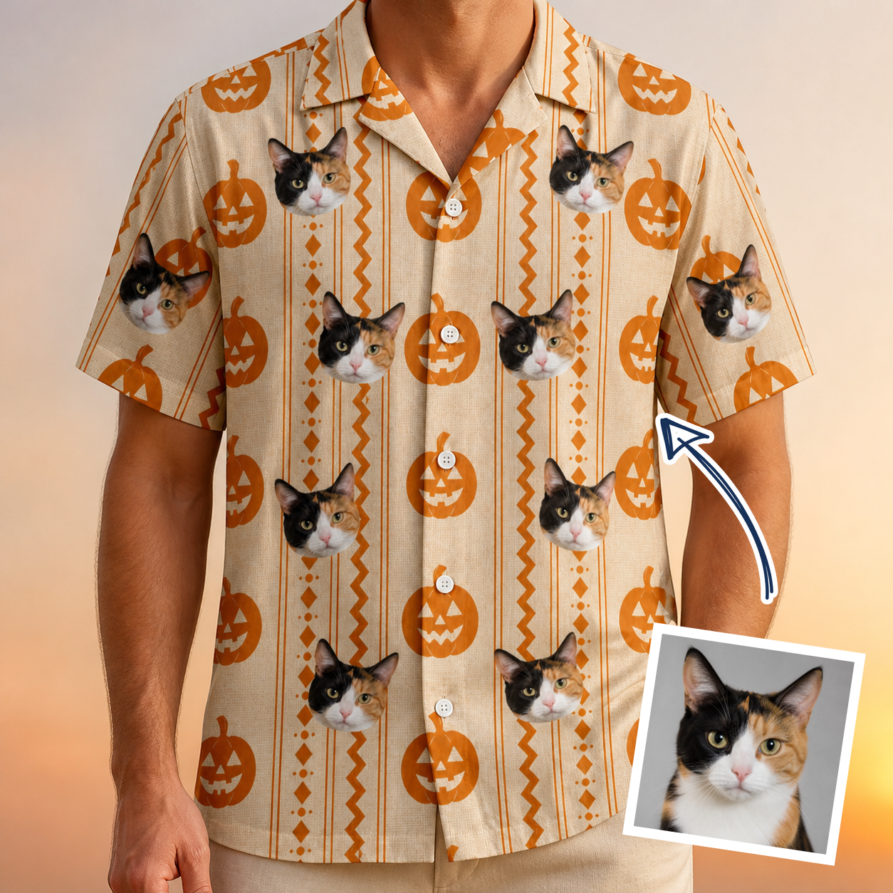 Man wearing Men's Spooky Squash Custom Cat Face Hawaiian Shirt — custom faces printed all-over
