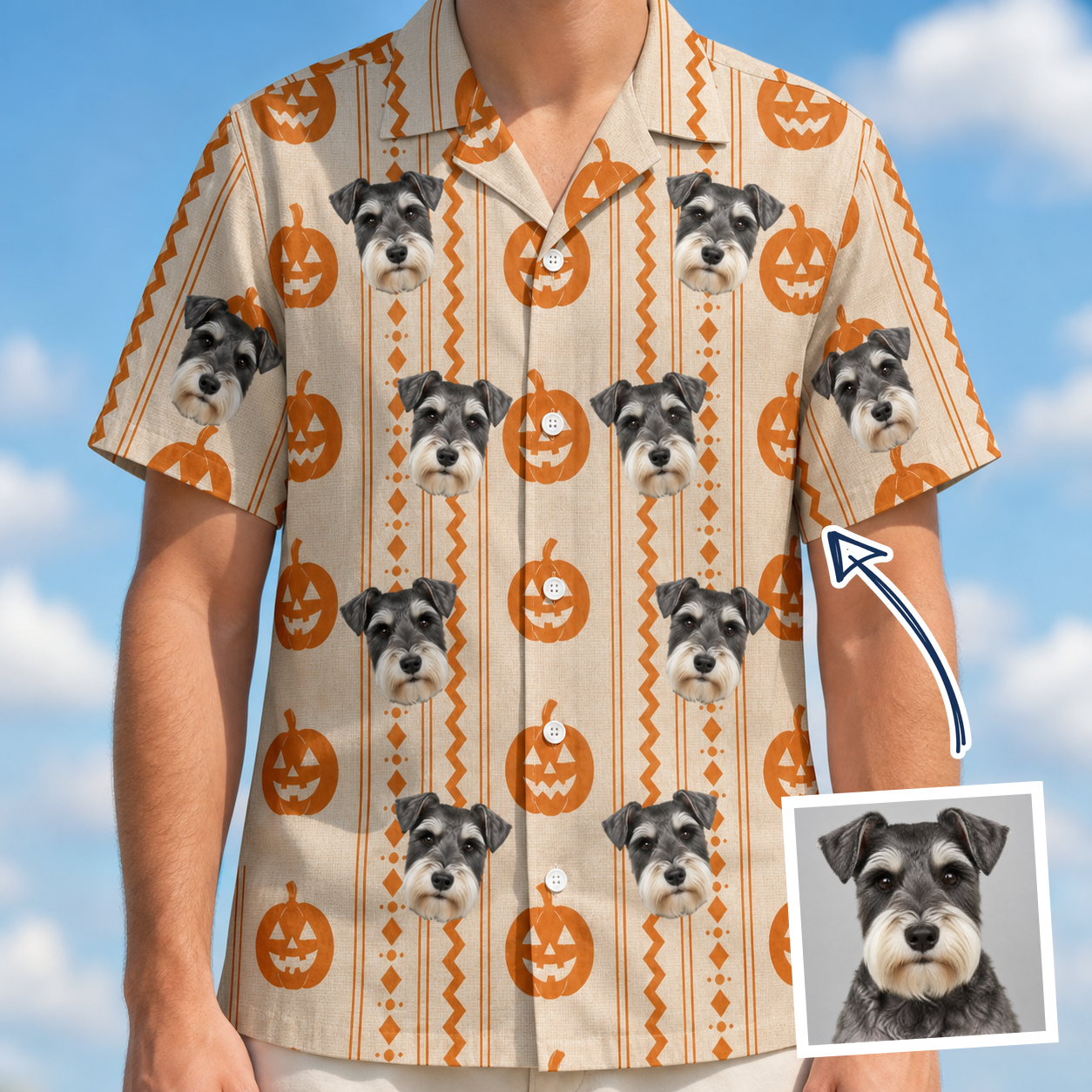 Man wearing Men's Spooky Squash Custom Dog Face Hawaiian Shirt — custom faces printed all-over
