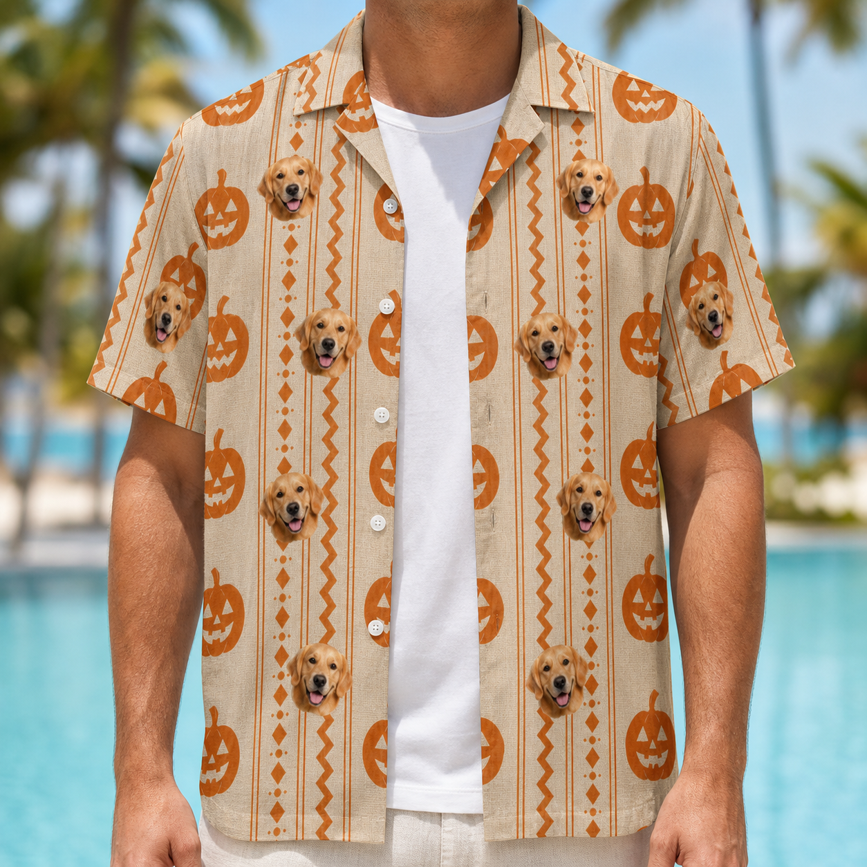 Man wearing Men's Spooky Squash Custom Dog Face Hawaiian Shirt open over a white tee