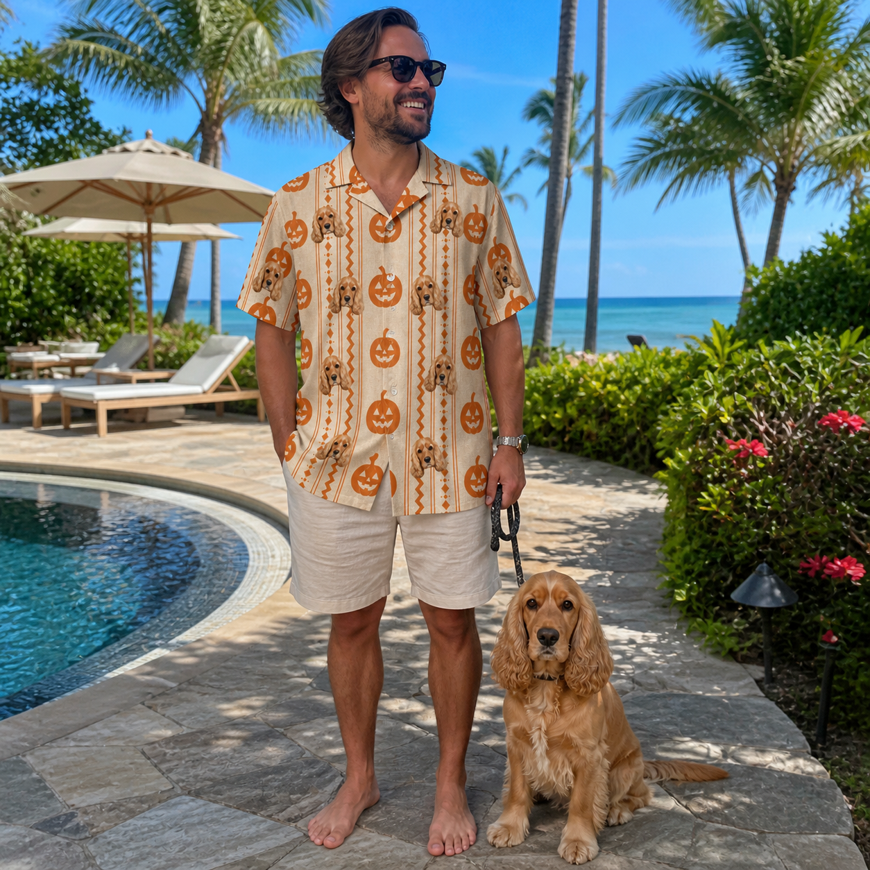 Full-length photo with the pet printed all over this Men's Spooky Squash Custom Dog Face Hawaiian Shirt