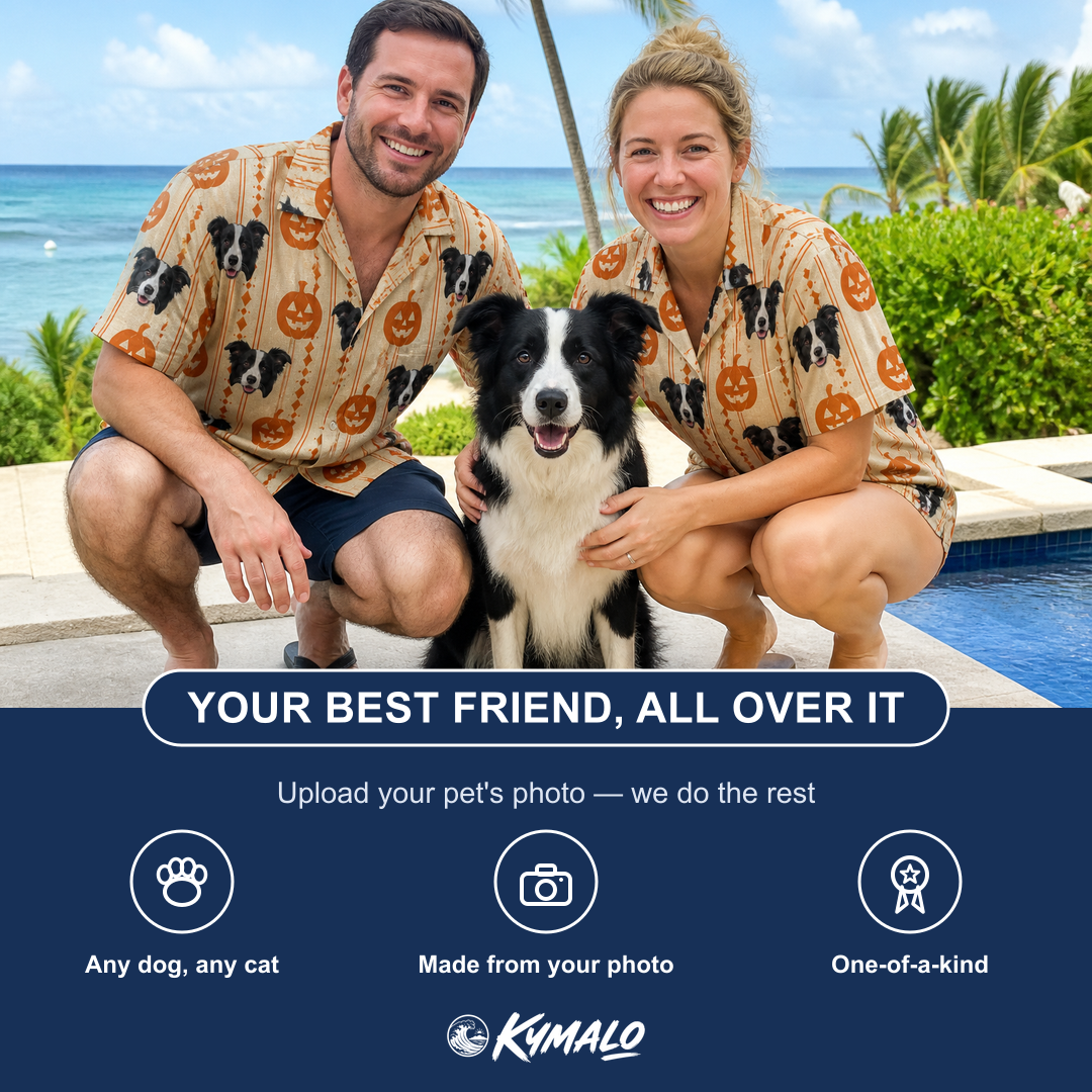 Friends in matching Men's Spooky Squash Custom Dog Face Hawaiian Shirt — a group gift photo
