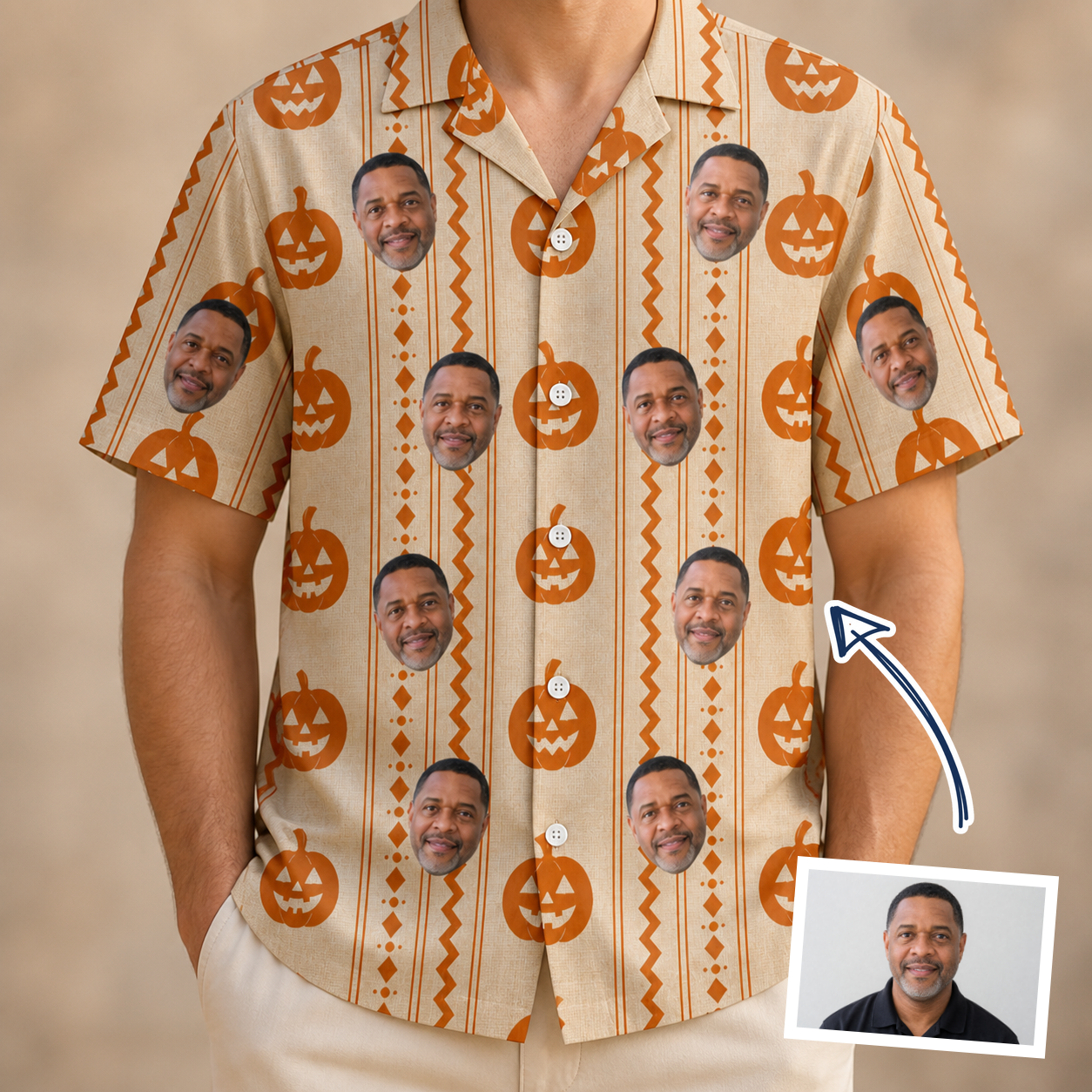 Man wearing Men's Spooky Squash Custom Face Hawaiian Shirt — custom faces printed all-over