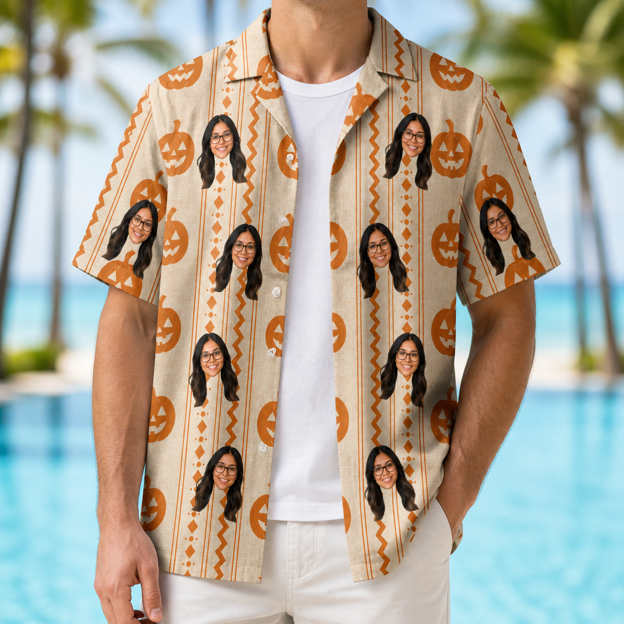 Man wearing Men's Spooky Squash Custom Face Hawaiian Shirt open over a white tee