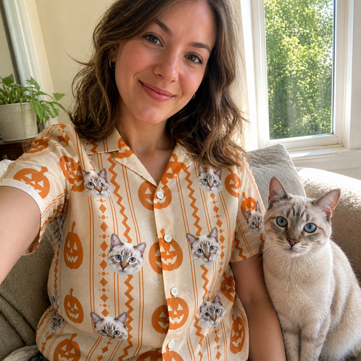 Selfie with the pet whose face is printed all over this Women's Spooky Squash Custom Cat Face Hawaiian Shirt