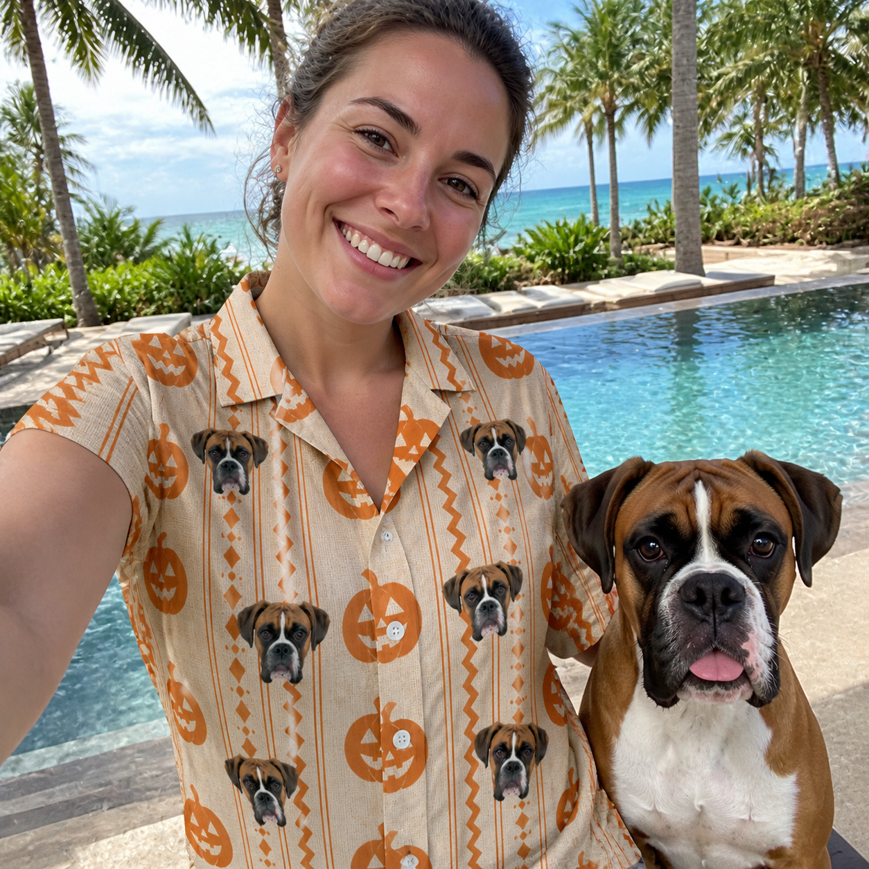 Selfie with the pet whose face is printed all over this Women's Spooky Squash Custom Dog Face Hawaiian Shirt