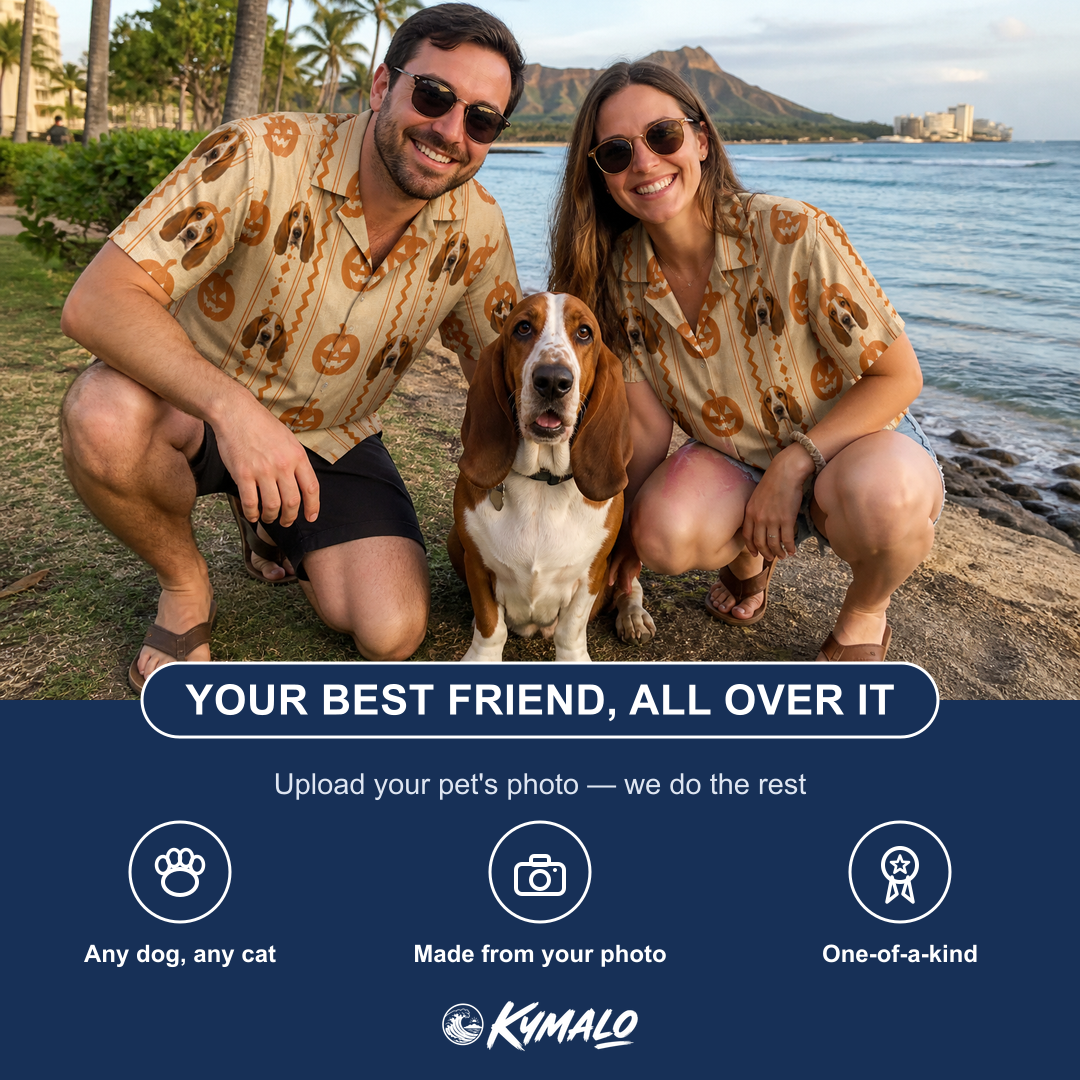 Friends in matching Women's Spooky Squash Custom Dog Face Hawaiian Shirt — a group gift photo