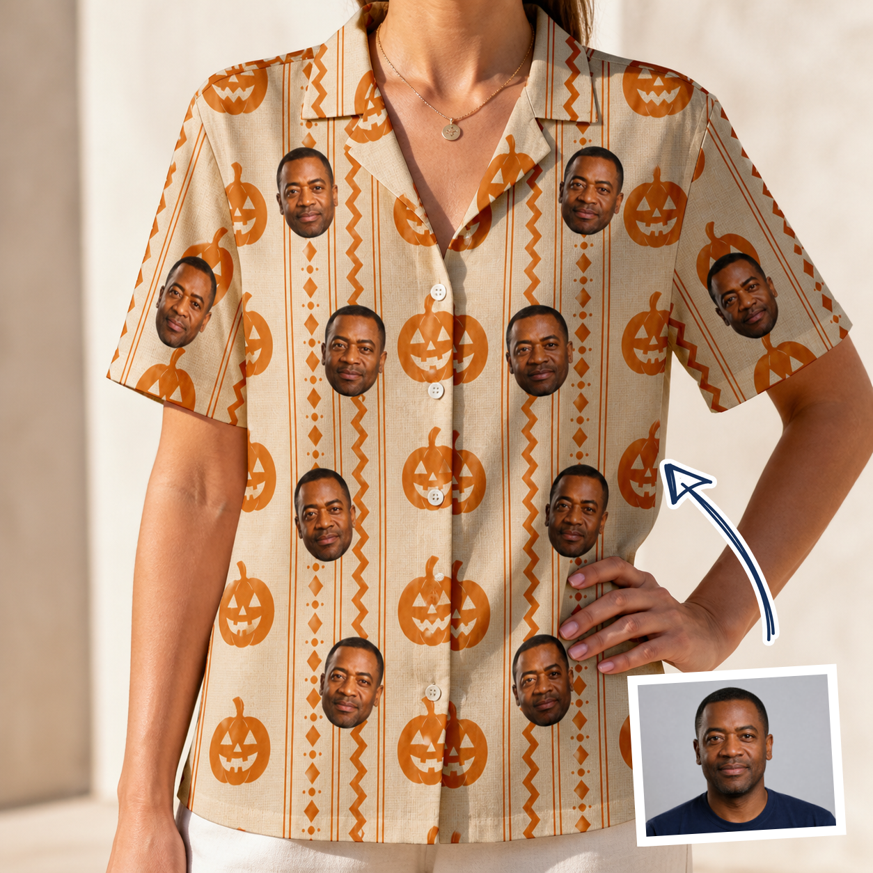 Woman wearing Women's Spooky Squash Custom Face Hawaiian Shirt — custom faces printed all-over
