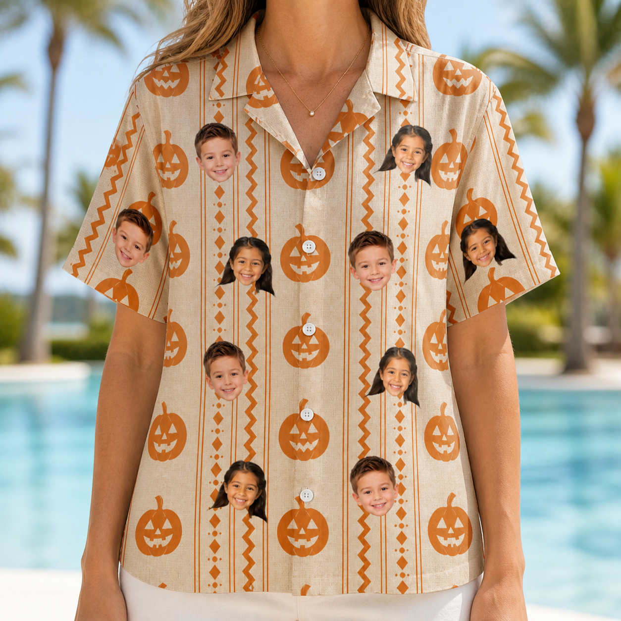 Model wearing Women's Spooky Squash Custom Face Hawaiian Shirt printed with kids' faces