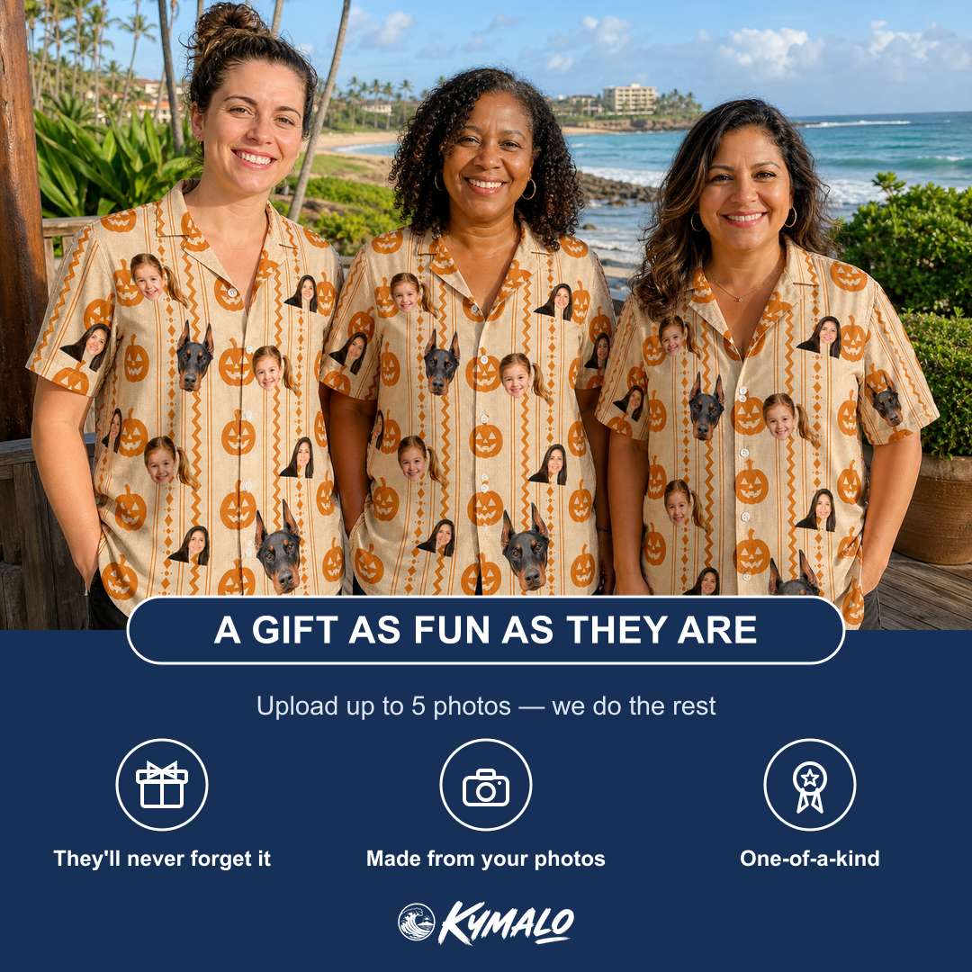 Friends in matching Women's Spooky Squash Custom Face Hawaiian Shirt — a group gift photo