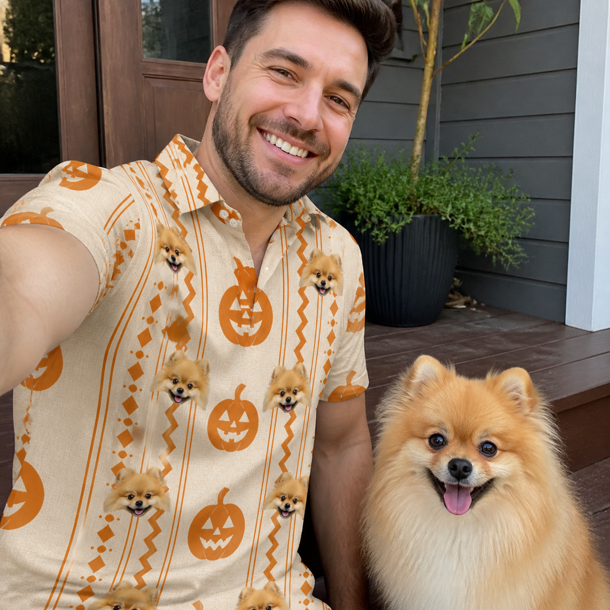 Selfie with the pet whose face is printed all over this Men's Spooky Squash Custom Dog Face Polo Shirt