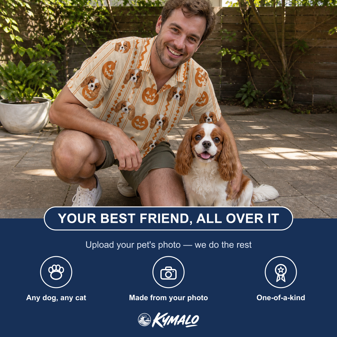 Friends in matching Men's Spooky Squash Custom Dog Face Polo Shirt — a group gift photo