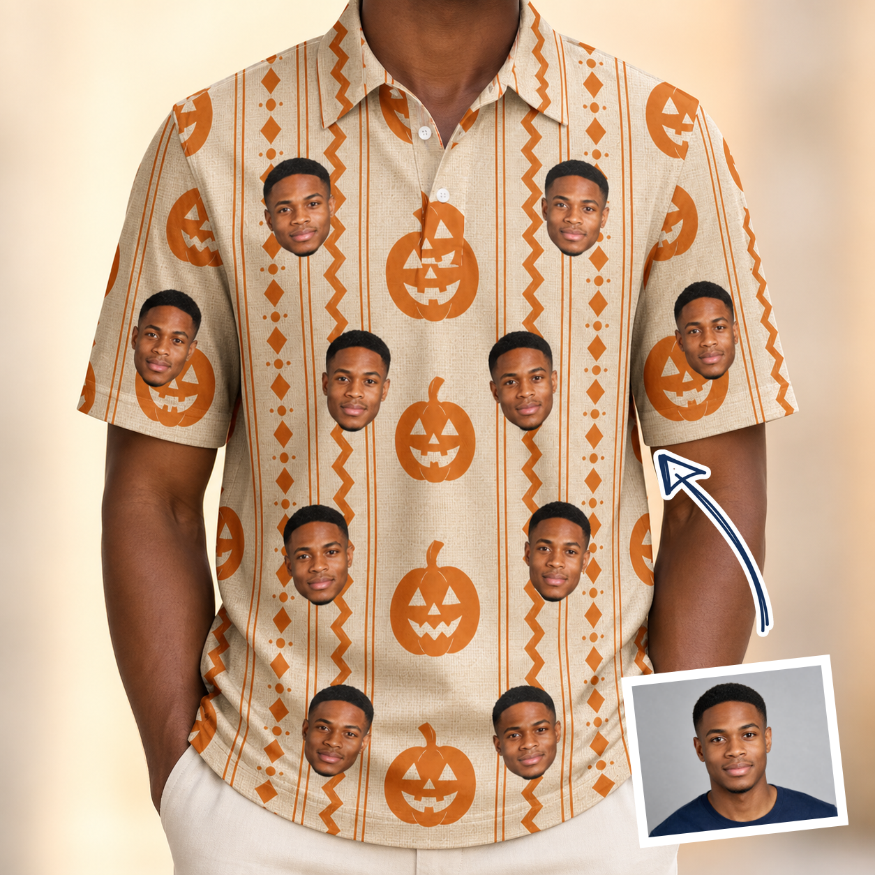 Man wearing Men's Spooky Squash Custom Face Polo Shirt — custom faces printed all-over