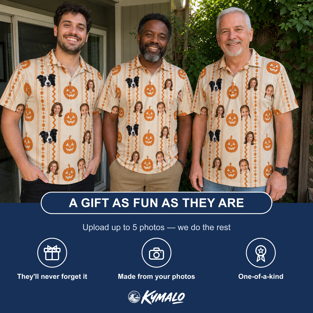 Friends in matching Men's Spooky Squash Custom Face Polo Shirt — a group gift photo