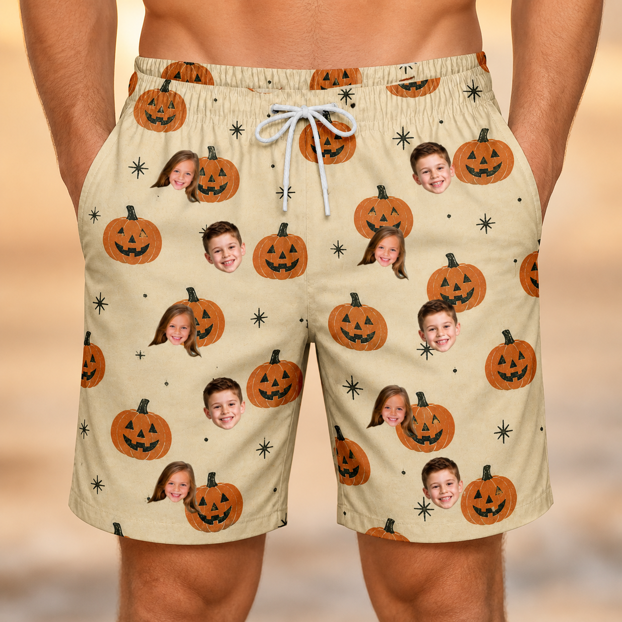 Model wearing Men's Gourd Grins Custom Face Beach Shorts printed with kids' faces