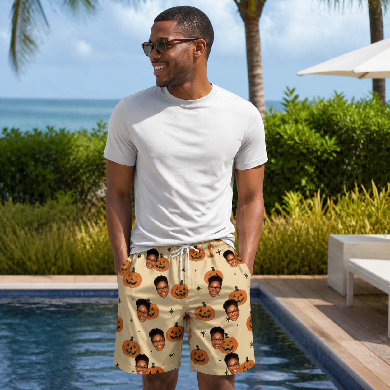 Real-life photo of someone wearing Men's Gourd Grins Custom Face Beach Shorts — custom faces printed all-over
