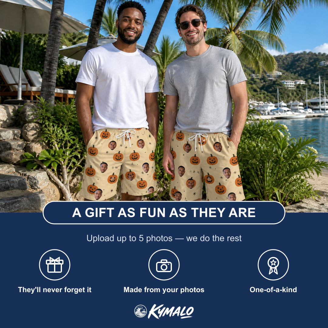 Friends in matching Men's Gourd Grins Custom Face Beach Shorts — a group gift photo