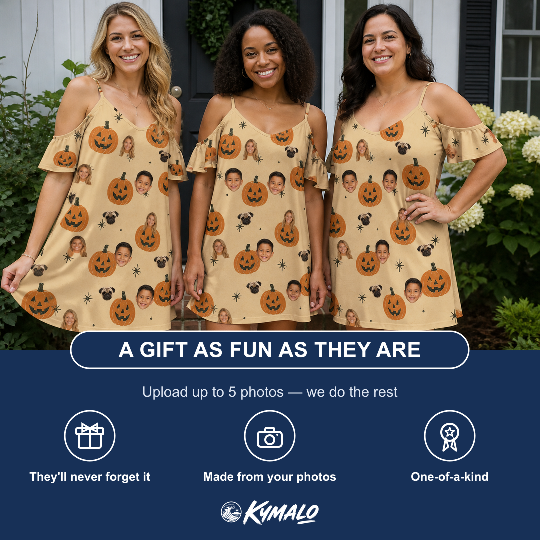 Friends in matching Women's Gourd Grins Custom Face Off-Shoulder Dress — a group gift photo