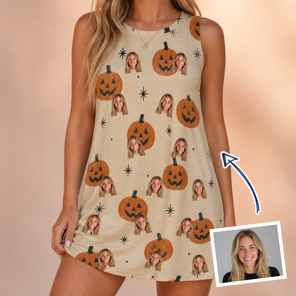 Woman wearing Women's Gourd Grins Custom Face Tank Dress — custom faces printed all-over