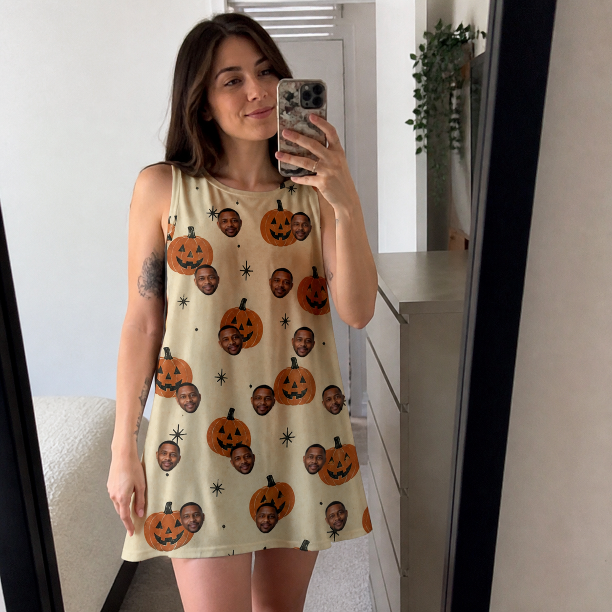 Real-life photo of someone wearing Women's Gourd Grins Custom Face Tank Dress — custom faces printed all-over
