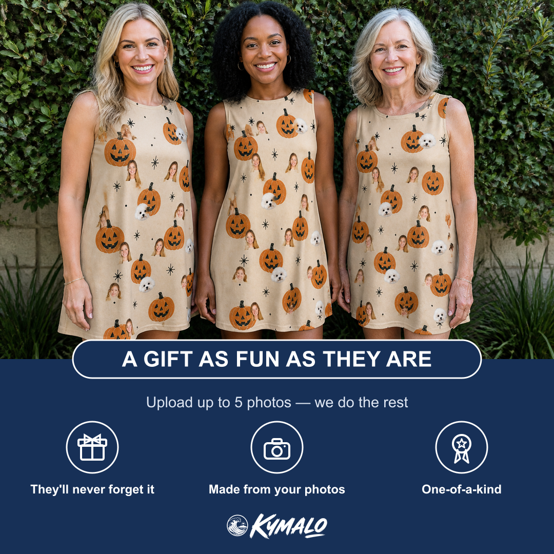 Friends in matching Women's Gourd Grins Custom Face Tank Dress — a group gift photo