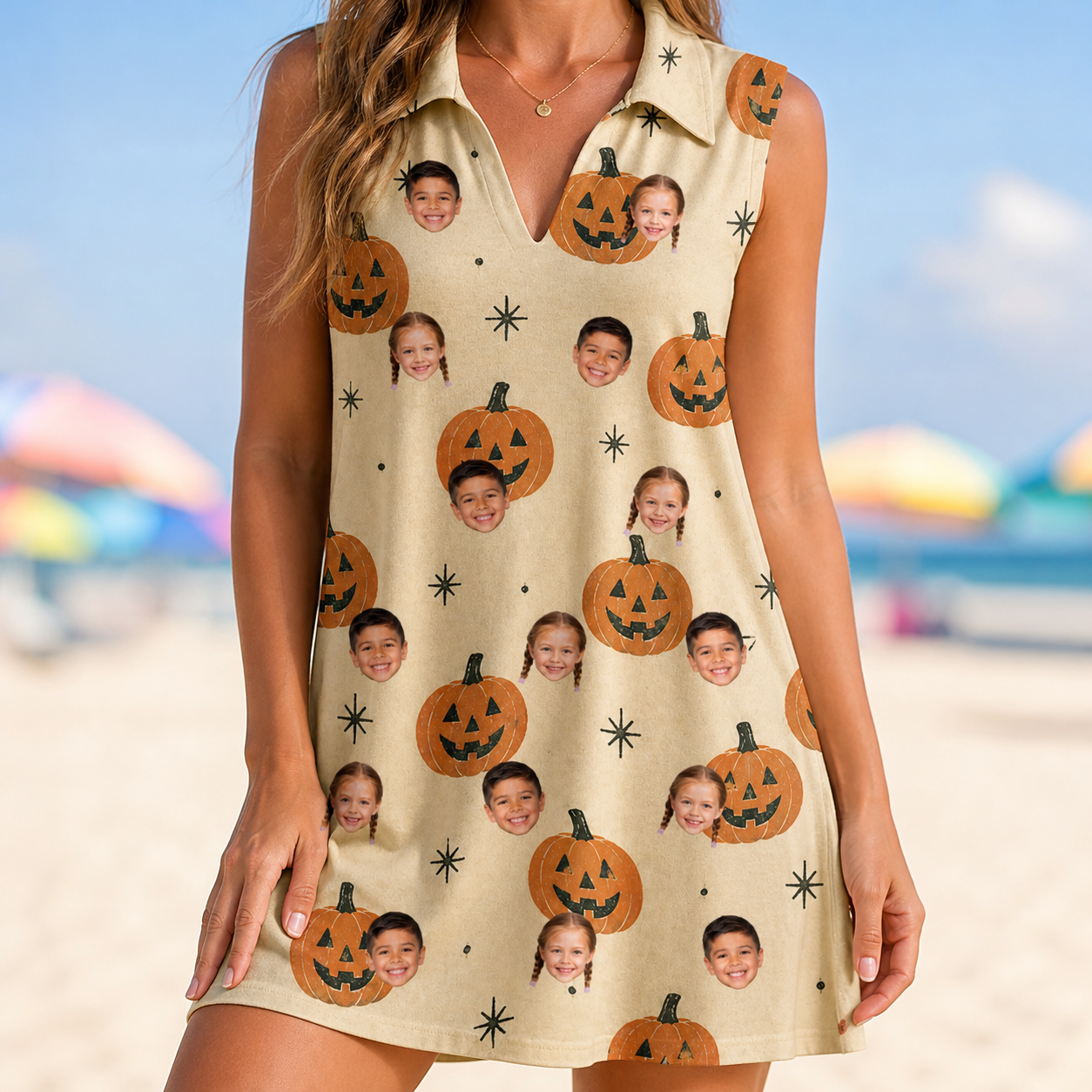 Model wearing Women's Gourd Grins Custom Face V-Neck Dress printed with kids' faces