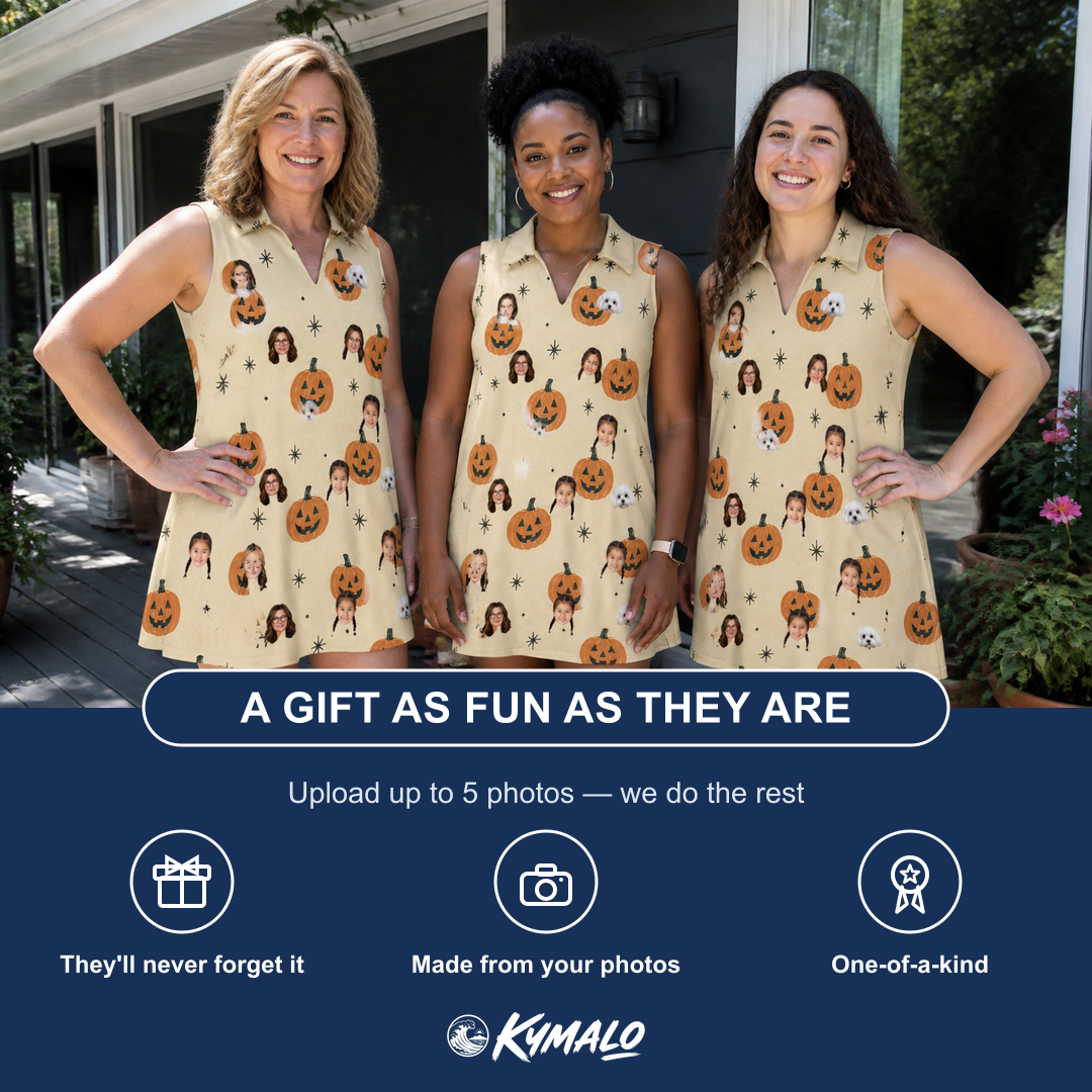 Friends in matching Women's Gourd Grins Custom Face V-Neck Dress — a group gift photo