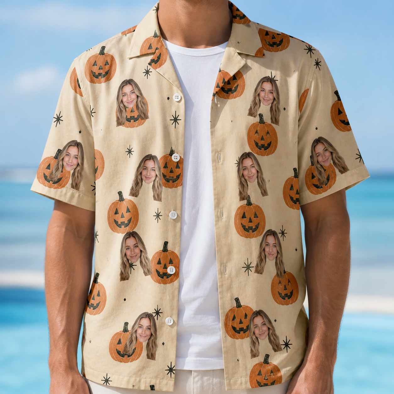 Man wearing Men's Gourd Grins Custom Face Hawaiian Shirt open over a white tee