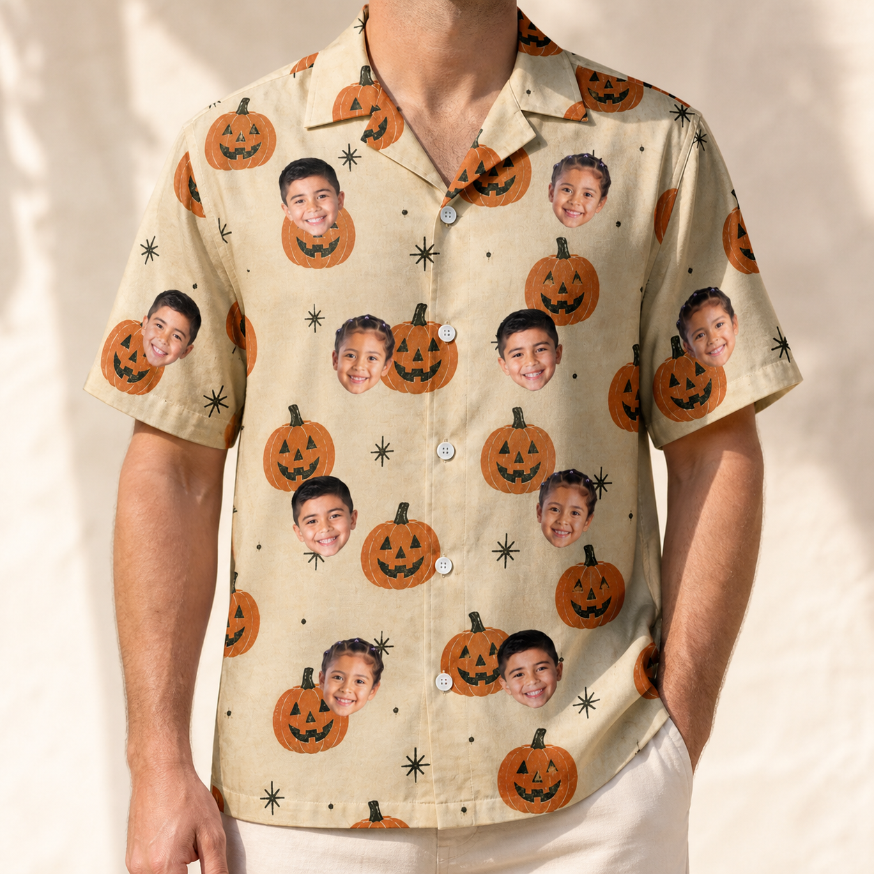 Model wearing Men's Gourd Grins Custom Face Hawaiian Shirt printed with kids' faces