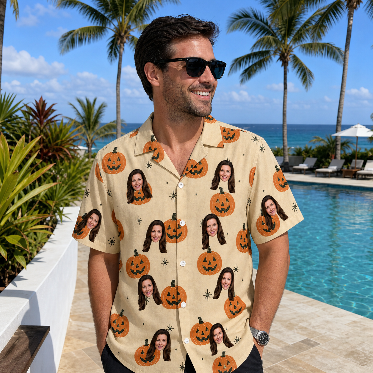 Real-life photo of someone wearing Men's Gourd Grins Custom Face Hawaiian Shirt — custom faces printed all-over