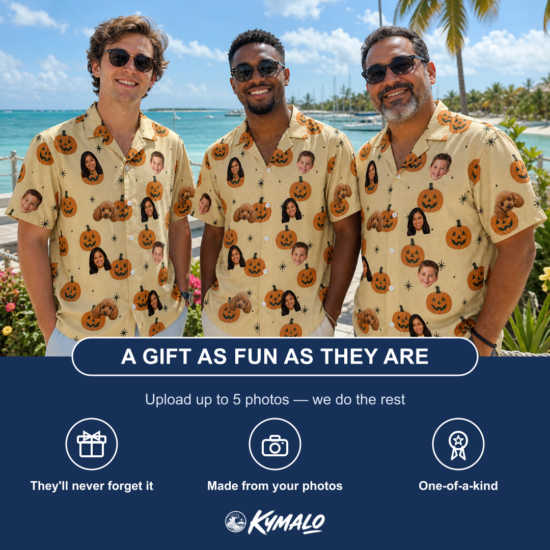 Friends in matching Men's Gourd Grins Custom Face Hawaiian Shirt — a group gift photo