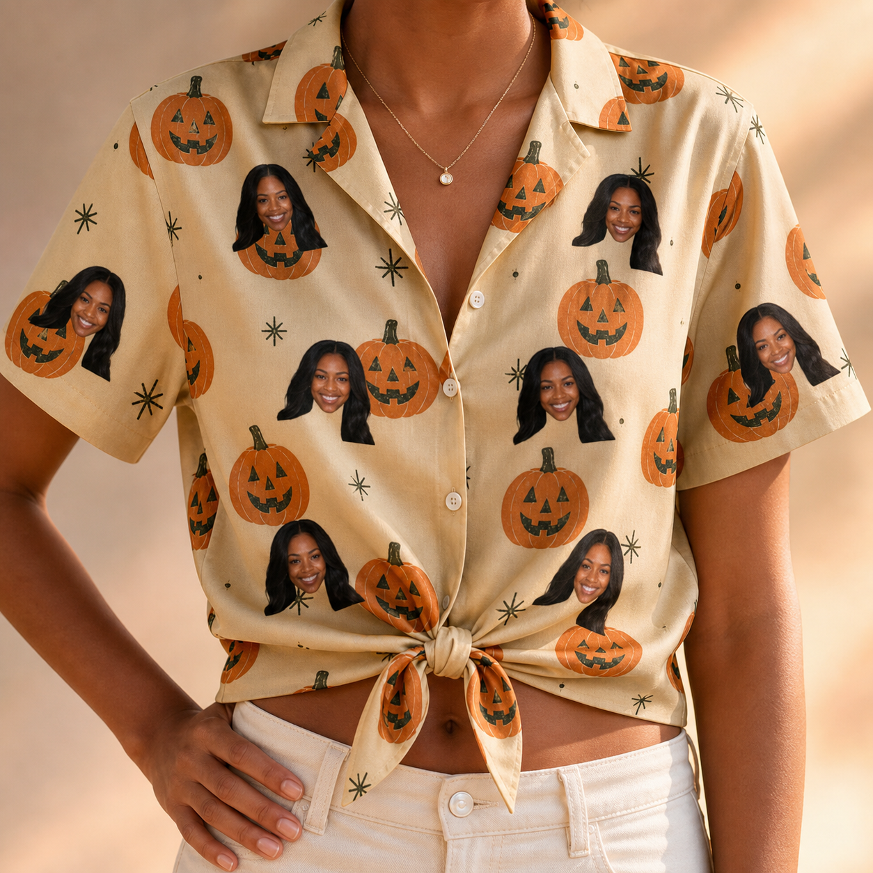 Woman wearing Women's Gourd Grins Custom Face Hawaiian Shirt tied at the waist