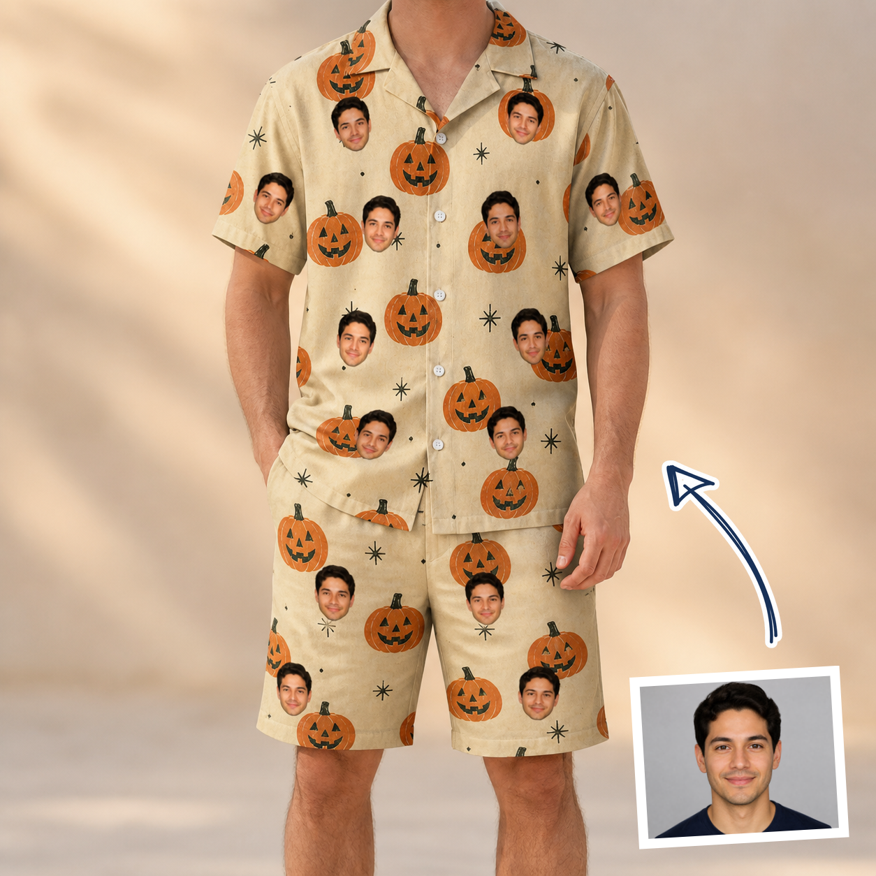Man wearing Men's Gourd Grins Custom Face Shirt & Shorts Set — custom faces printed all-over