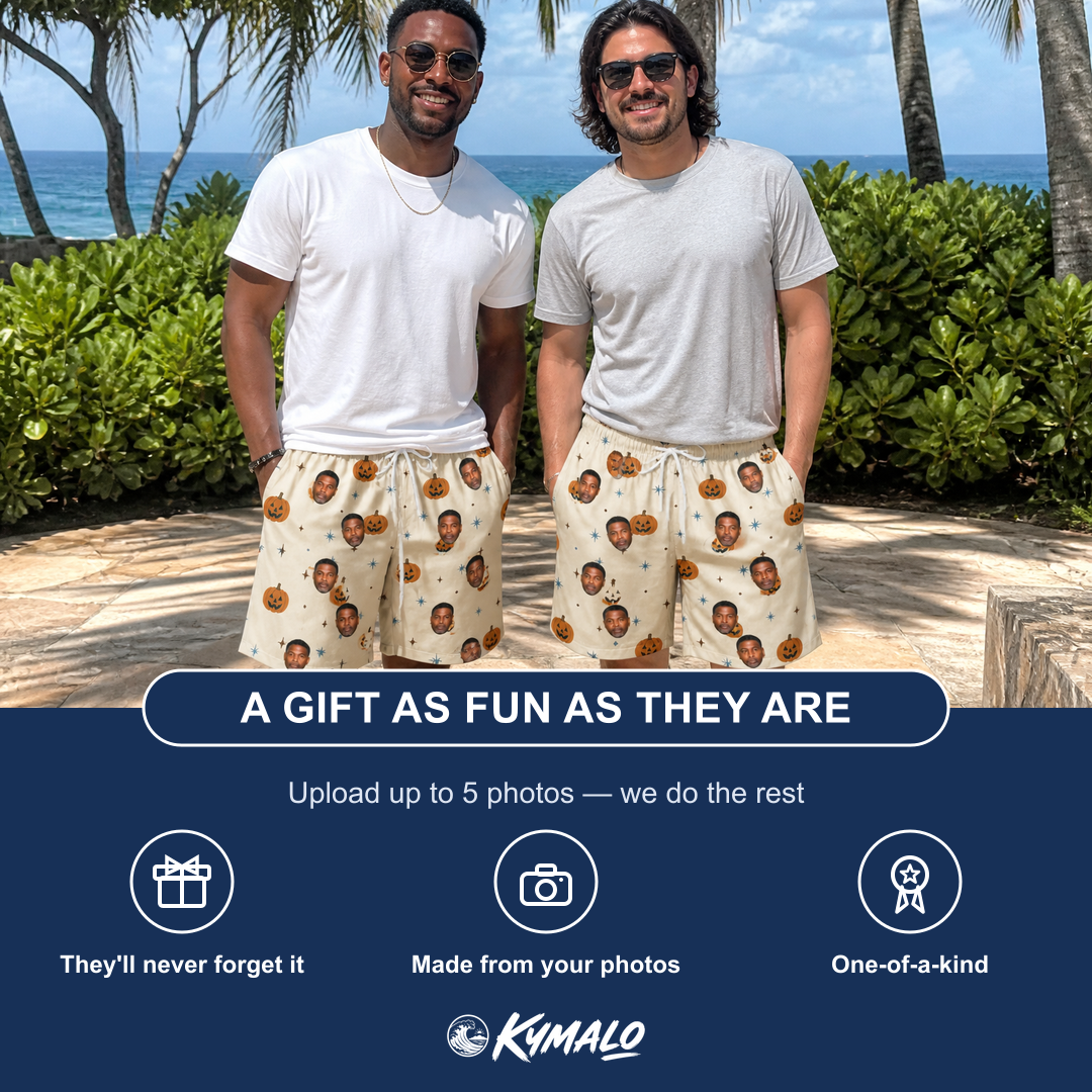 Friends in matching Men's Lantern Laughs Custom Face Beach Shorts — a group gift photo